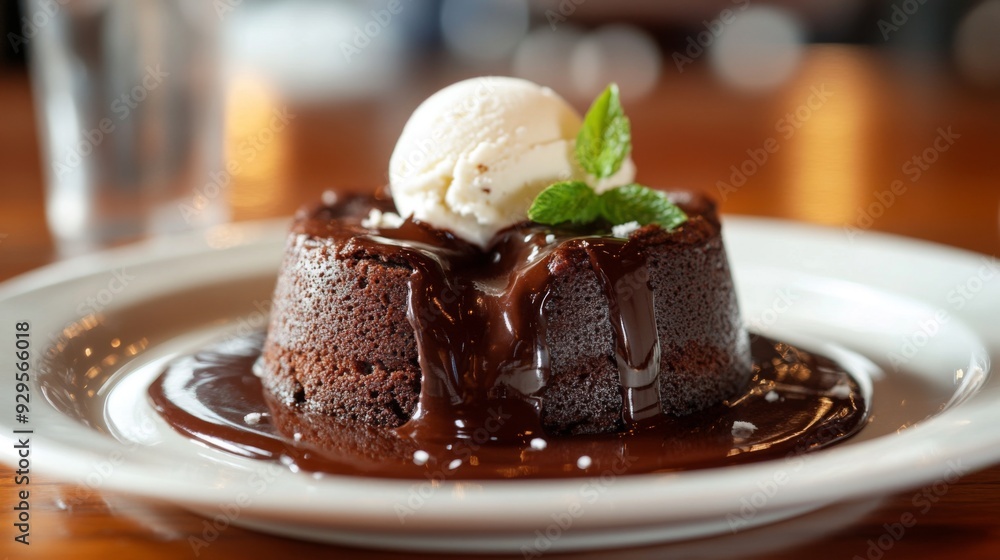 A macro shot of a decadent chocolate lava cake, with warm, gooey chocolate oozing out of the center, topped with a scoop of vanilla ice cream. A macro shot of a decadent chocolate lava cake, with warm, gooey chocolate oozing out of the center, topped with a scoop of vanilla ice cream.