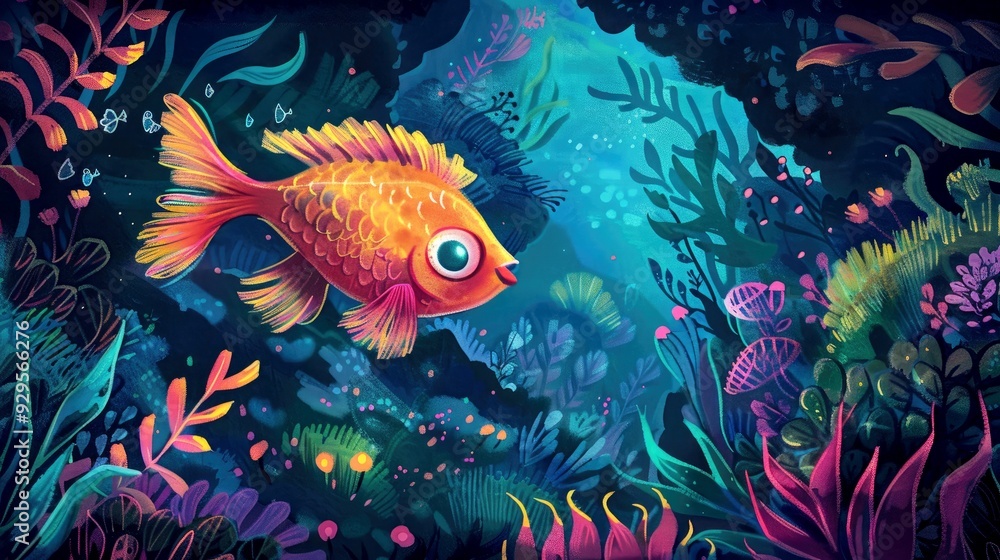 Fototapeta Art illustration fish swimming gracefully in the deep blue ocean