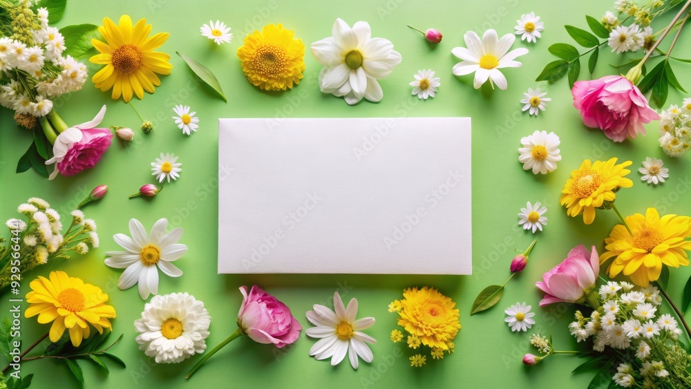 Blank greeting card mockup on vibrant green background adorned with white spring and summer flowers, decorative elements, and ample copy space in a spring flat lay composition. Blank greeting card mockup on vibrant green background adorned with white spring and summer flowers, decorative elements, and ample copy space in a spring flat lay composition.