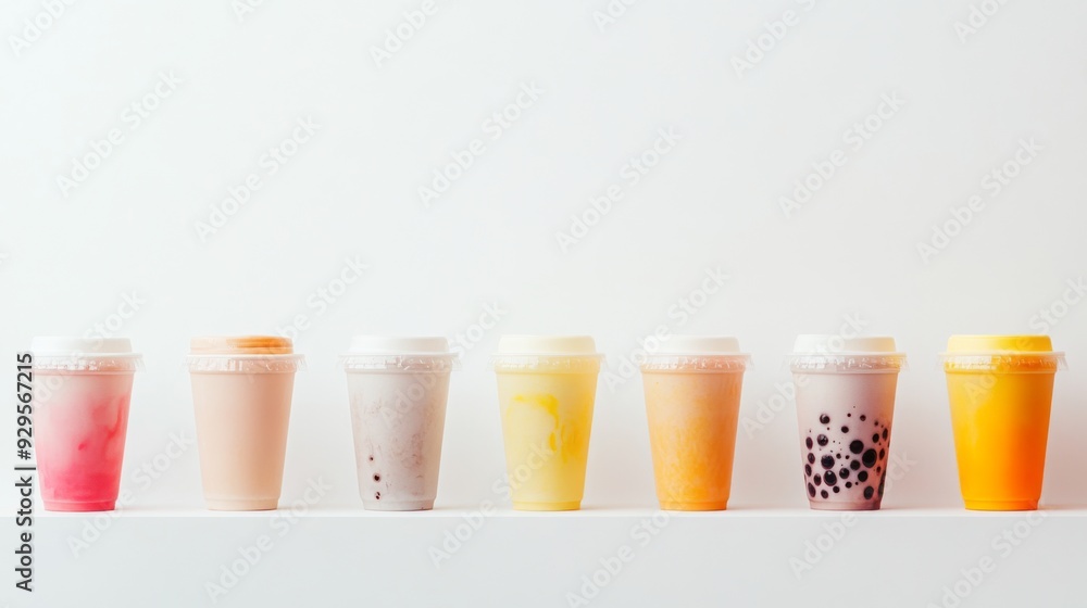 A minimalist image of a row of bubble tea cups in different flavors and colors, neatly arranged against a plain white background, highlighting variety. A minimalist image of a row of bubble tea cups in different flavors and colors, neatly arranged against a plain white background, highlighting variety.