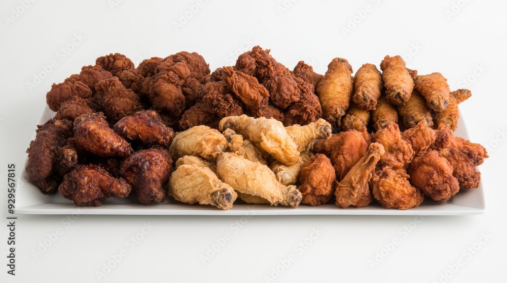 A pile of assorted fried chicken pieces, including wings, thighs, and drumsticks, arranged on a white platter against a plain white background. A pile of assorted fried chicken pieces, including wings, thighs, and drumsticks, arranged on a white platter against a plain white background.