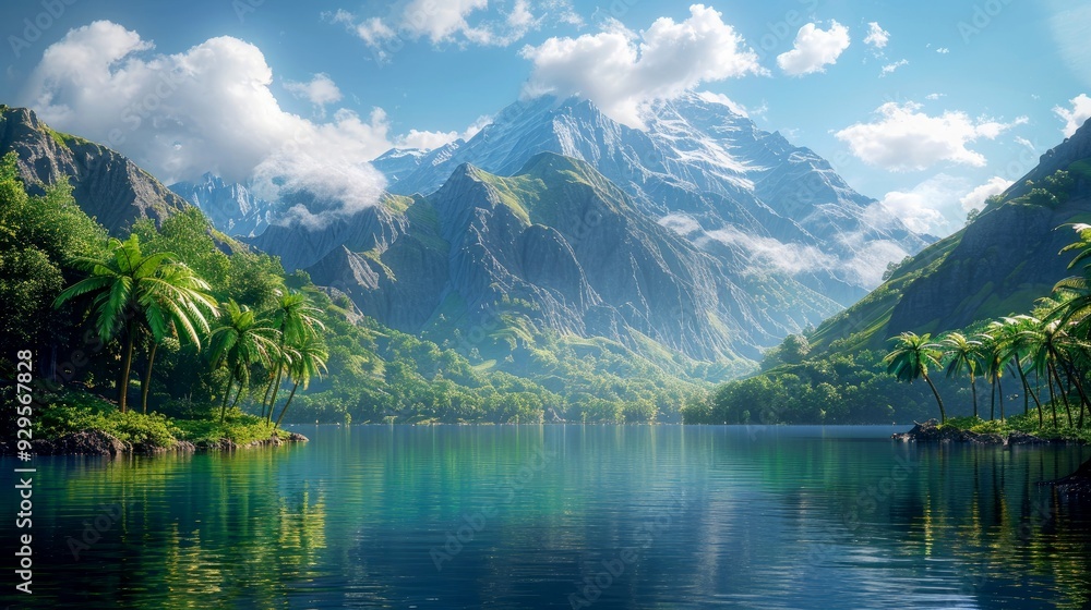 Art illustration Mountain and lake in tropical forest Art illustration Mountain and lake in tropical forest