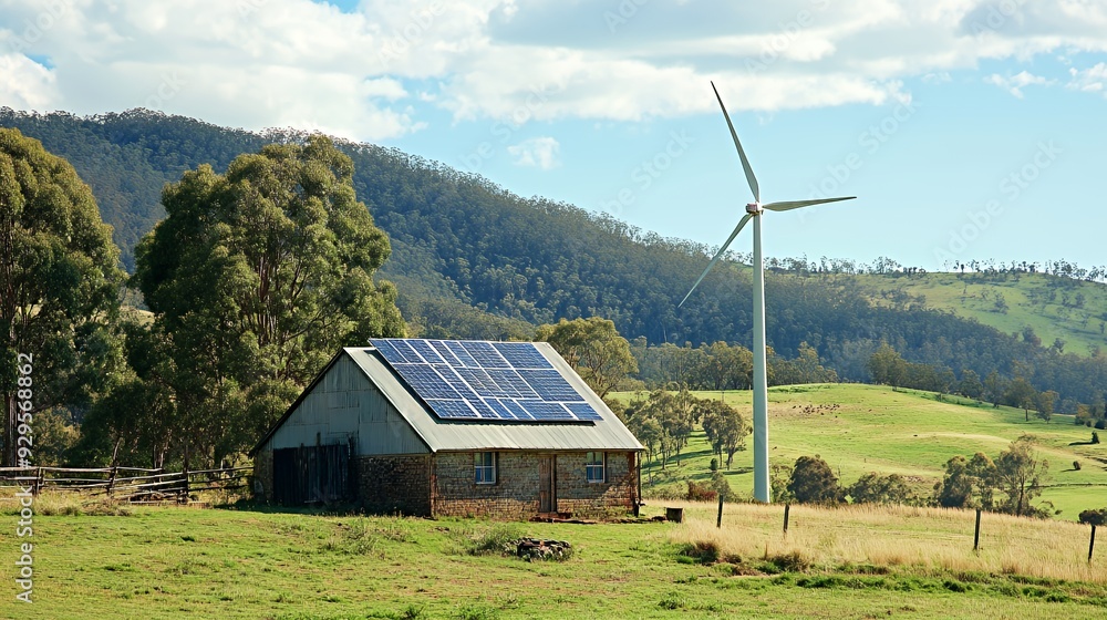 A sustainable energy scene with a solar-paneled barn and wind turbine in a rural landscape. A sustainable energy scene with a solar-paneled barn and wind turbine in a rural landscape.