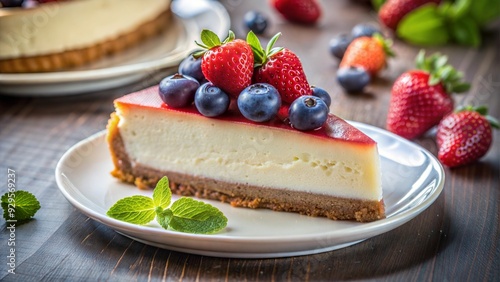 photography of a delicious slice of cheesecake with berries, copy space for text