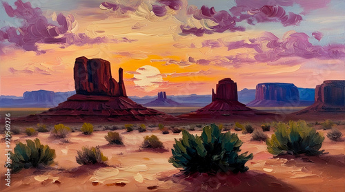 Oil painting of a desert landscape background, vibrant watercolor painting of desert landscape at sunset