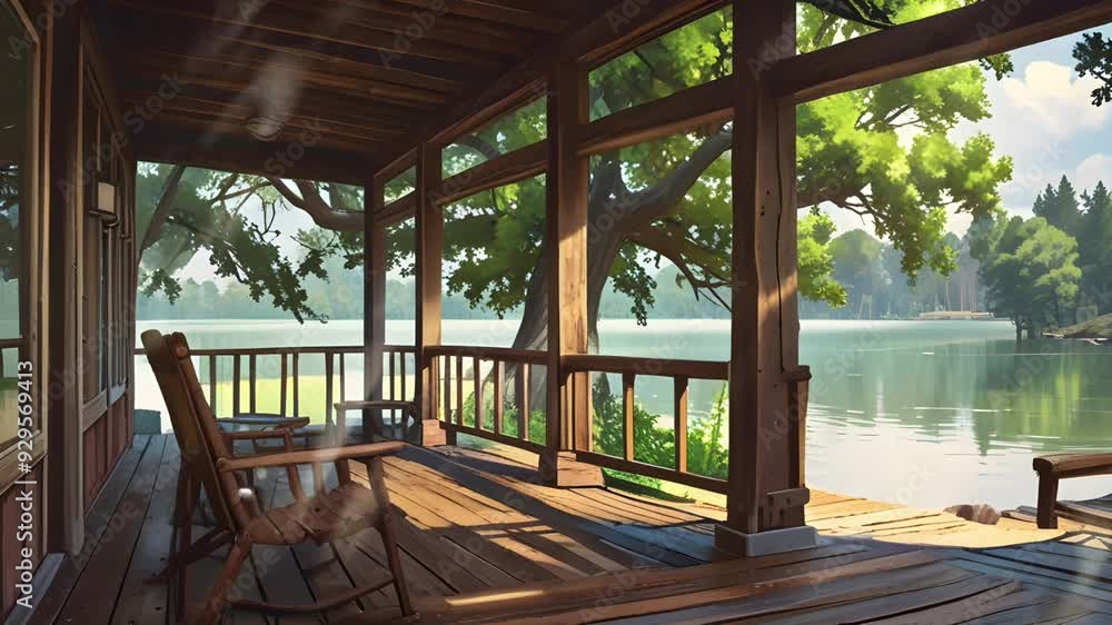 A simple house terrace with an anime concept, with wooden chairs and a lake view. Seamless 4K looping timelapse video animation background A simple house terrace with an anime concept, with wooden chairs and a lake view. Seamless 4K looping timelapse video animation background
