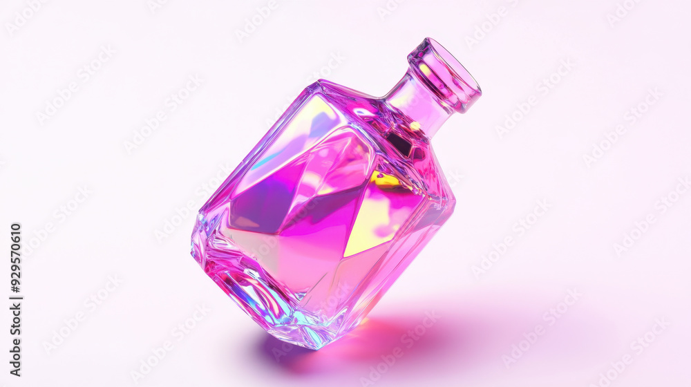 Elegant pink crystal glass perfume bottle with faceted design on a light background. Concept of luxury and beauty Elegant pink crystal glass perfume bottle with faceted design on a light background. Concept of luxury and beauty