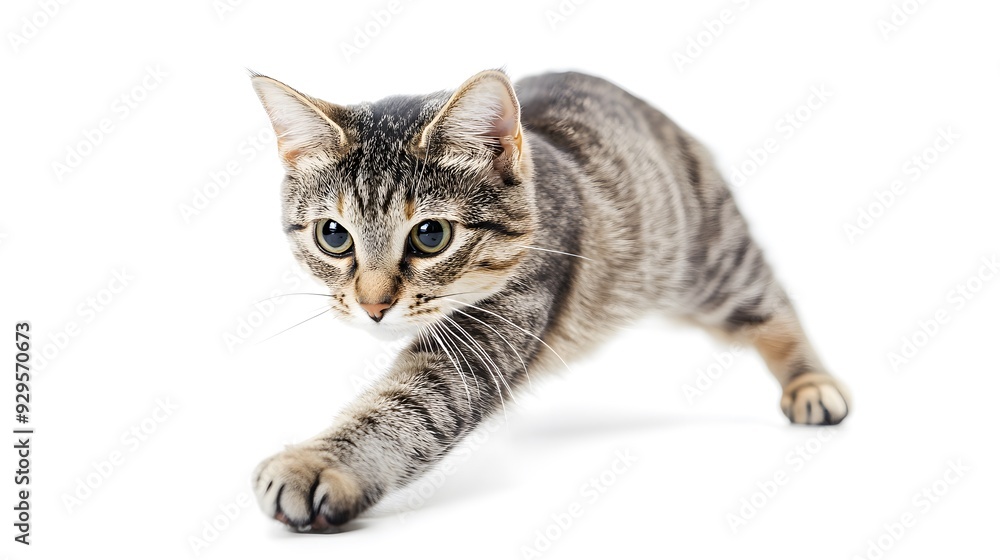 Obraz premium Playful cat chasing an invisible toy on a plain white background