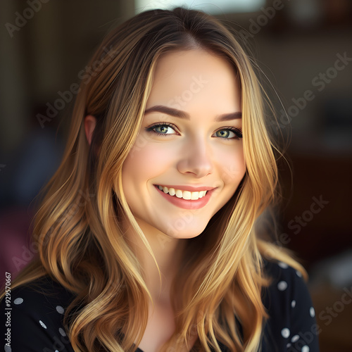 Una chica rubia, con una sonrisa perfectamente hermosa y perfecta