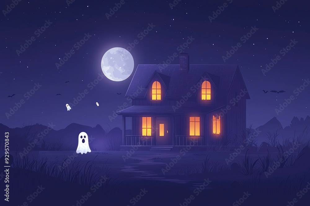 Haunted House with Ghost and Full Moon at Night Haunted House with Ghost and Full Moon at Night