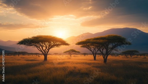 Beautiful sunset in the African savanna with acacia trees against mountains