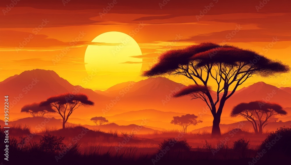 Beautiful sunset in the African savanna with acacia trees against mountains Beautiful sunset in the African savanna with acacia trees against mountains