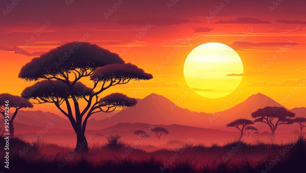 Naklejka premium Beautiful sunset in the African savanna with acacia trees against mountains