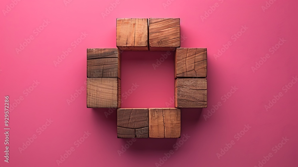 Wooden blocks with a circular graph on a pink background, showing market share distribution and business analysis. Flat lay. High quality, no realistic photo details. Wooden blocks with a circular graph on a pink background, showing market share distribution and business analysis. Flat lay. High quality, no realistic photo details.