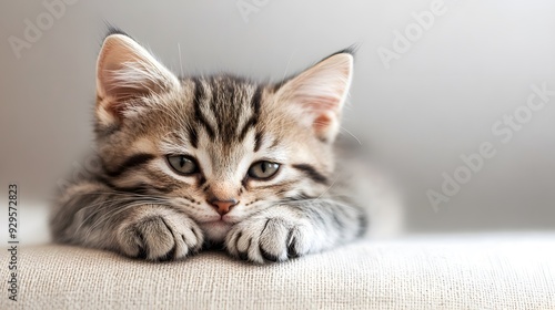 Adorable kitten lying down with its paws crossed on a plain backdrop