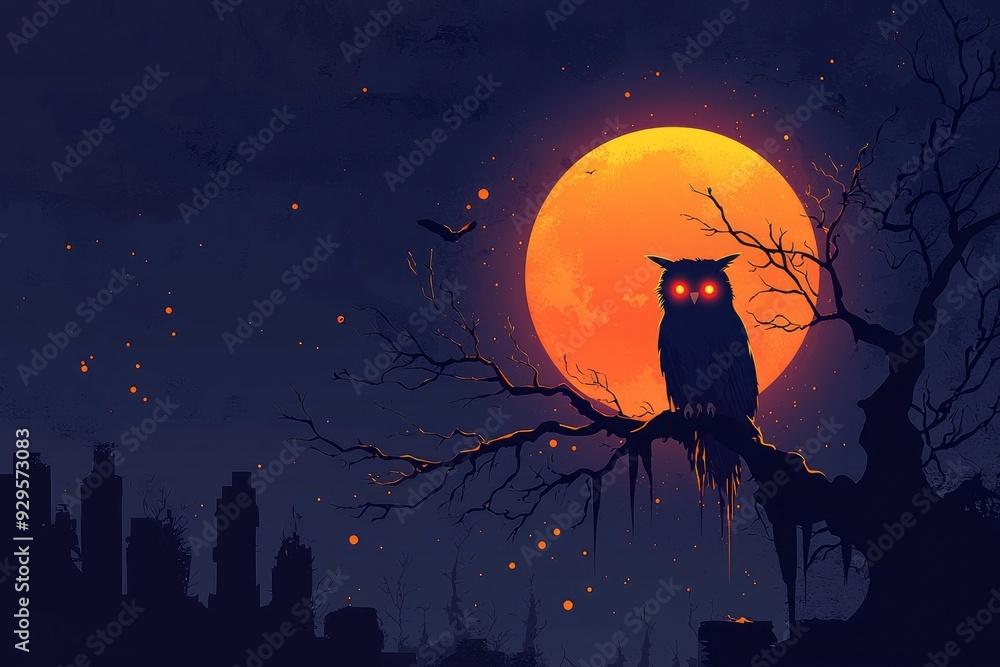 Fototapeta premium Silhouetted Owl Under a Full Moon with Red Eyes
