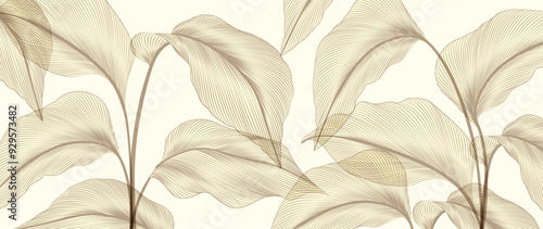 Abstract tropical art background with exotic leaves in line style. Hand drawn botanical banner for decor, print, wallpaper, textile, postcard, invitation, greeting.