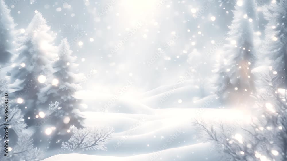 Video of snowfall in beautiful snowy forest (landscape) with frosty trees and Christmas ambiance Video of snowfall in beautiful snowy forest (landscape) with frosty trees and Christmas ambiance