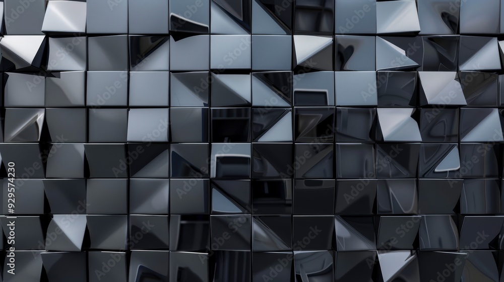 A textured surface made of glossy, black triangular tiles arranged in a geometric pattern. A textured surface made of glossy, black triangular tiles arranged in a geometric pattern.