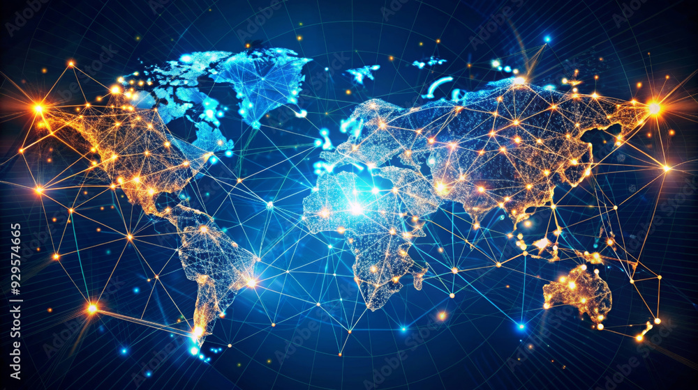 A world map on a dark background with bright blue and orange communication lines A world map on a dark background with bright blue and orange communication lines