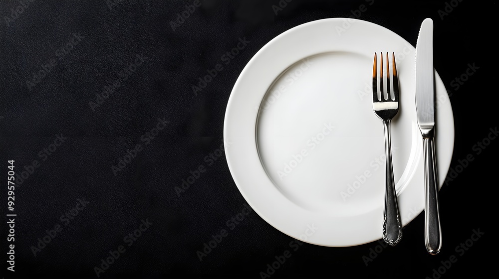 White plate, fork and knife perfectly placed, on a white table, black background with negative space, studio lighting creating clean lines and contrast. White plate, fork and knife perfectly placed, on a white table, black background with negative space, studio lighting creating clean lines and contrast.