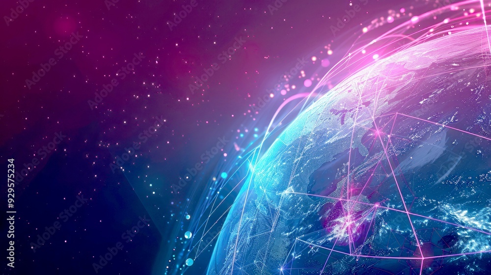 Obraz premium A Global Network of Interconnected Lines and Dots on a Blue and Pink Earth
