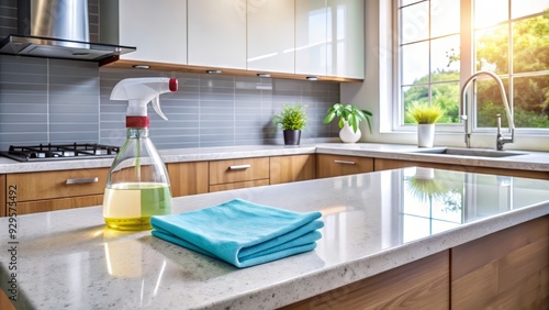 A sparkling clean kitchen countertop with a few streaks on the surface, a bottle of all-purpose cleaner and a microfiber cloth lying nearby, ready for action. photo