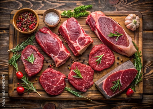 Assortment of raw fresh beef steaks, tenderloins, and ribeyes, arranged artfully on a rustic wooden board, showcasing marbling, texture, and rich meat tones. photo