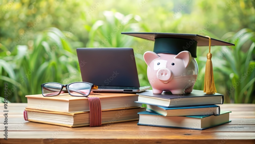 custom made wallpaper toronto digitalA stack of books and a piggy bank surrounded by graduation caps, certificates, and a laptop, representing the value of education and earning credits.