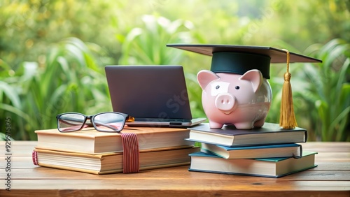 A stack of books and a piggy bank surrounded by graduation caps, certificates, and a laptop, representing the value of education and earning credits. photo