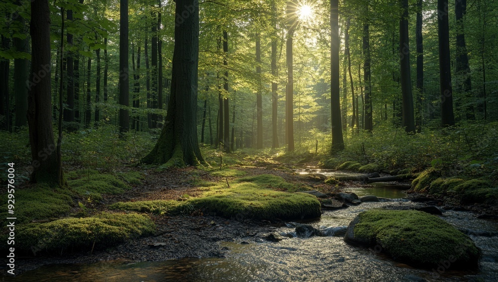 Fototapeta premium Serene forest with tall trees Moss-covered rocks 