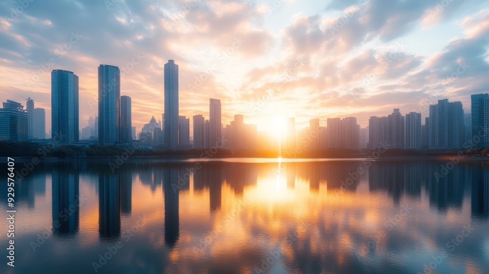 Capture the contrast between a cutting-edge urban skyline and a serene lake Capture the contrast between a cutting-edge urban skyline and a serene lake