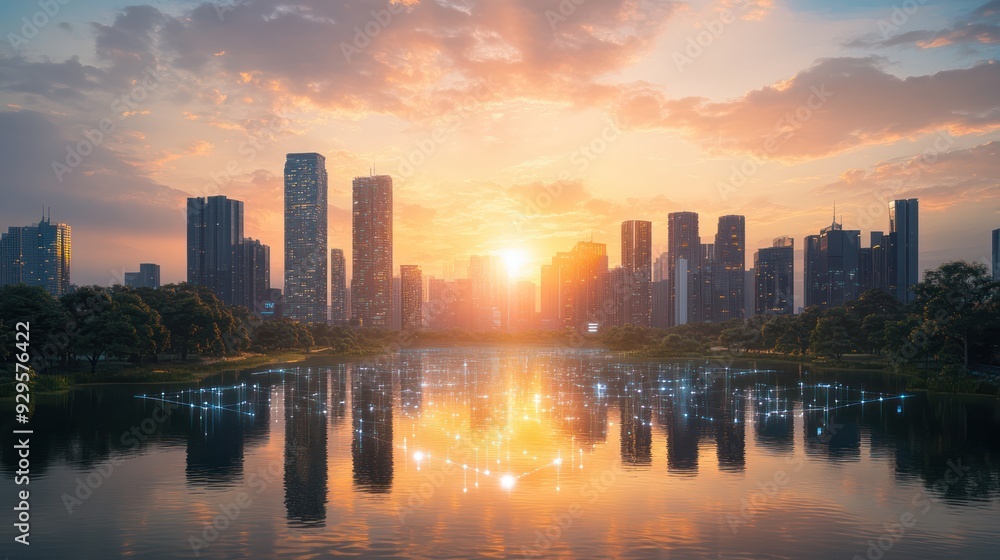Capture the contrast between a cutting-edge urban skyline and a serene lake Capture the contrast between a cutting-edge urban skyline and a serene lake