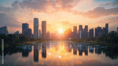 Capture the contrast between a cutting-edge urban skyline and a serene lake