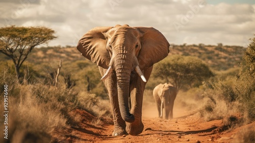 Direct view of an elephant walking, with a focus on its front profile