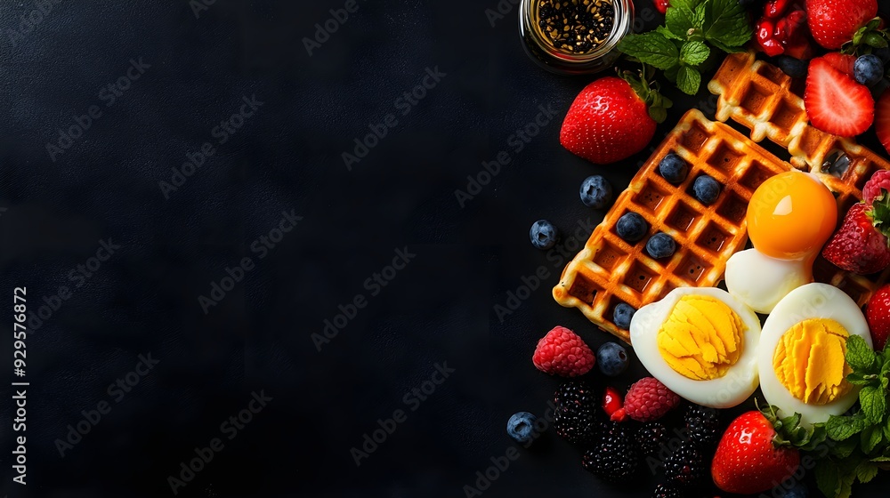 A luxurious breakfast board with waffles, eggs, and fresh fruit, placed on a dark background, shot from above with strong studio lighting, ample copy space for commercial use. A luxurious breakfast board with waffles, eggs, and fresh fruit, placed on a dark background, shot from above with strong studio lighting, ample copy space for commercial use.