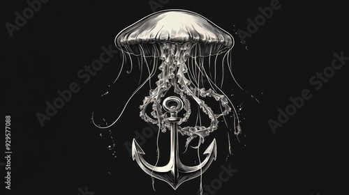 A jellyfish wrapped around an anchor in a vector design, placed on a black background, creating a bold and symbolic representation of marine themes. photo