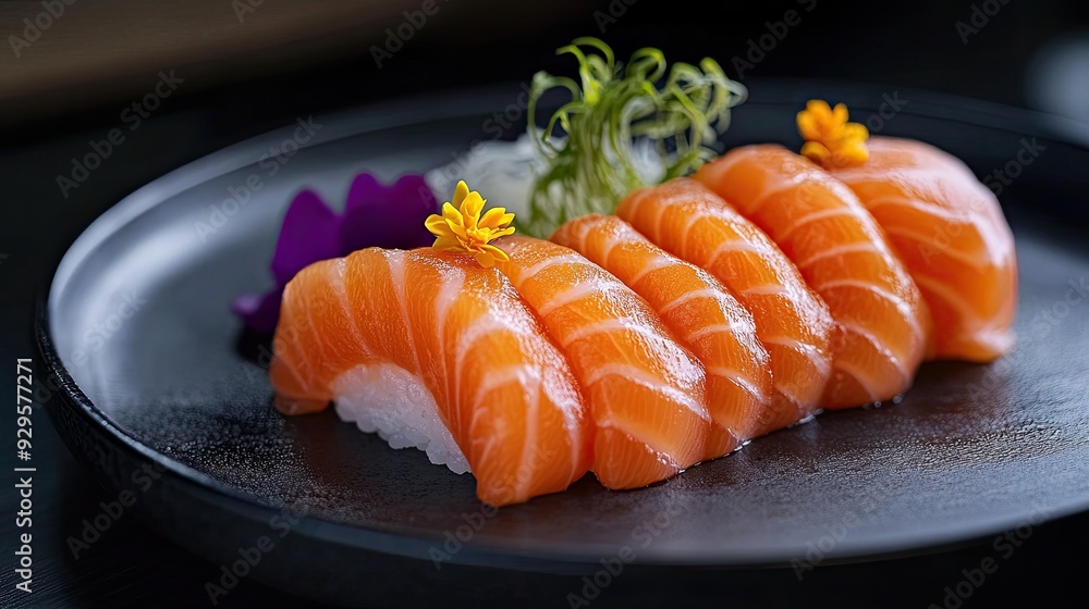 A Michelin-starred presentation of salmon sashimi sushi, served on a sleek black plate, highlighting the fine dining experience of Japanese culinary art. A Michelin-starred presentation of salmon sashimi sushi, served on a sleek black plate, highlighting the fine dining experience of Japanese culinary art.
