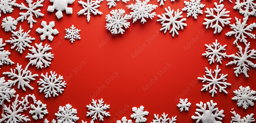 Festive arrangement of white snowflakes on a vibrant red backdrop for winter celebrations Festive arrangement of white snowflakes on a vibrant red backdrop for winter celebrations