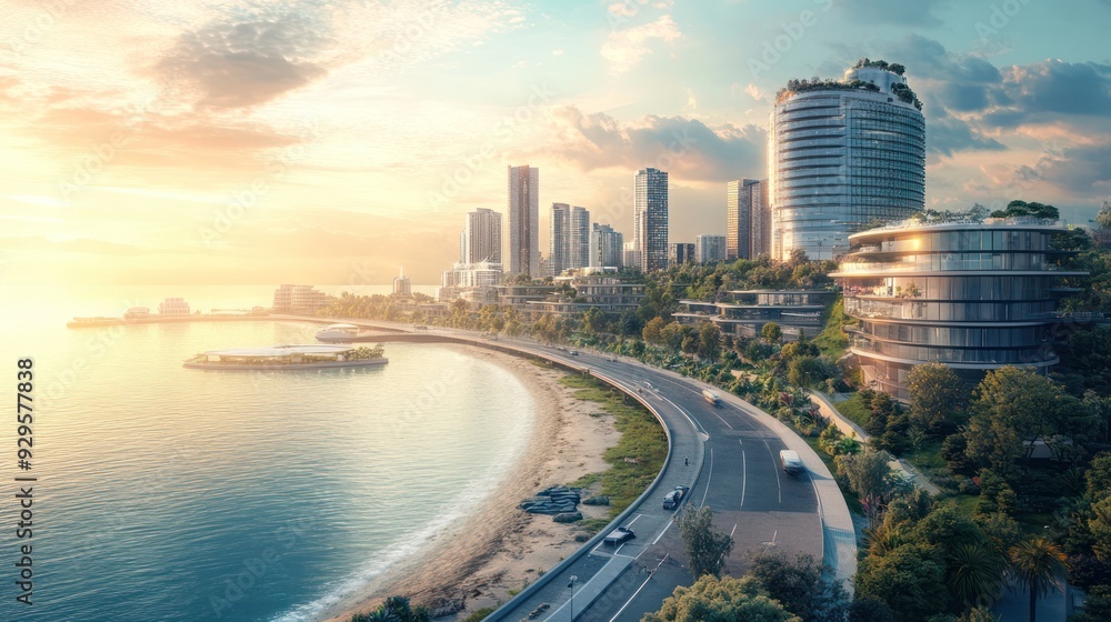 A city with a large building in the middle and a large body of water A city with a large building in the middle and a large body of water