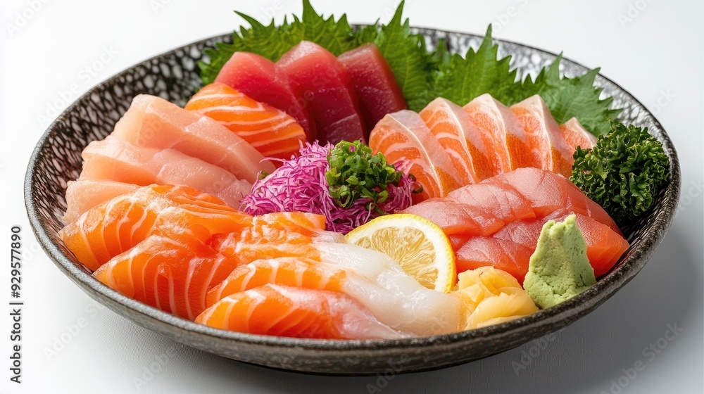 An assortment of fresh sashimi, including salmon, tuna, and more, artistically presented on a minimalist dish, capturing the essence of Japanese food. An assortment of fresh sashimi, including salmon, tuna, and more, artistically presented on a minimalist dish, capturing the essence of Japanese food.
