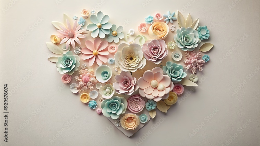 Delicate paper heart adorned with intricately crafted paper flowers in soft pastel hues, suspended amidst a gentle, creamy white background, evoking tender emotions. Delicate paper heart adorned with intricately crafted paper flowers in soft pastel hues, suspended amidst a gentle, creamy white background, evoking tender emotions.
