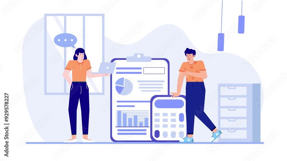 colleagues discussing reports and calculations in a contemporary workspace illustration business animated video colleagues discussing reports and calculations in a contemporary workspace illustration business animated video
