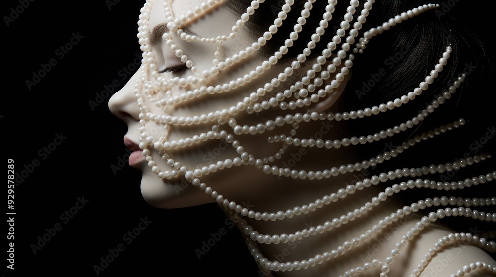 White pearls arranged to form the outline of a woman's profile with long hairstyle, artistic representation on background White pearls arranged to form the outline of a woman's profile with long hairstyle, artistic representation on background