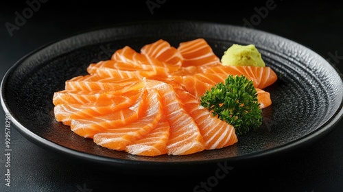 Elegant presentation of salmon sashimi slices on a minimalist black plate, showcasing the artistry of Japanese cooking, with space for advertising text.