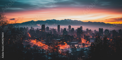 Fototapeta Naklejka Na Ścianę i Meble -  Sunset view of a city skyline with mountains in the background and vibrant colors illuminating the buildings