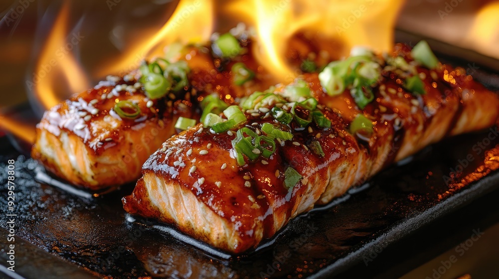 Spicy salmon drenched in unagi sauce, with a backdrop of flames, highlighting the bold and hot flavors of this Japanese dish. Spicy salmon drenched in unagi sauce, with a backdrop of flames, highlighting the bold and hot flavors of this Japanese dish.