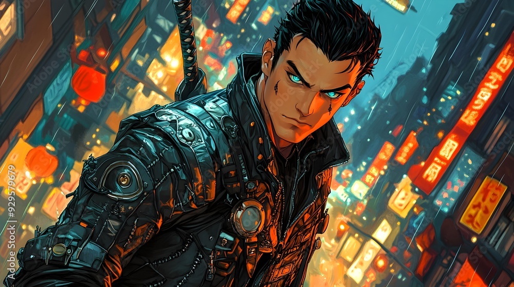 Obraz premium A Cunning Thief's Stealth Maneuvers in the Vibrant Neon-Lit City Streets at Night