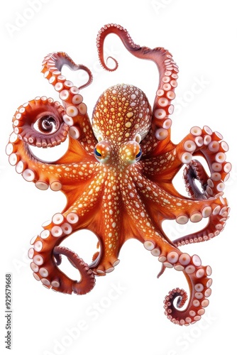 Red Octopus with White Spots Isolated on White Background.