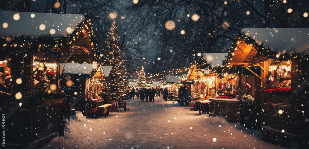 Snowy Christmas market bustling with visitors at night in a charming town square Snowy Christmas market bustling with visitors at night in a charming town square